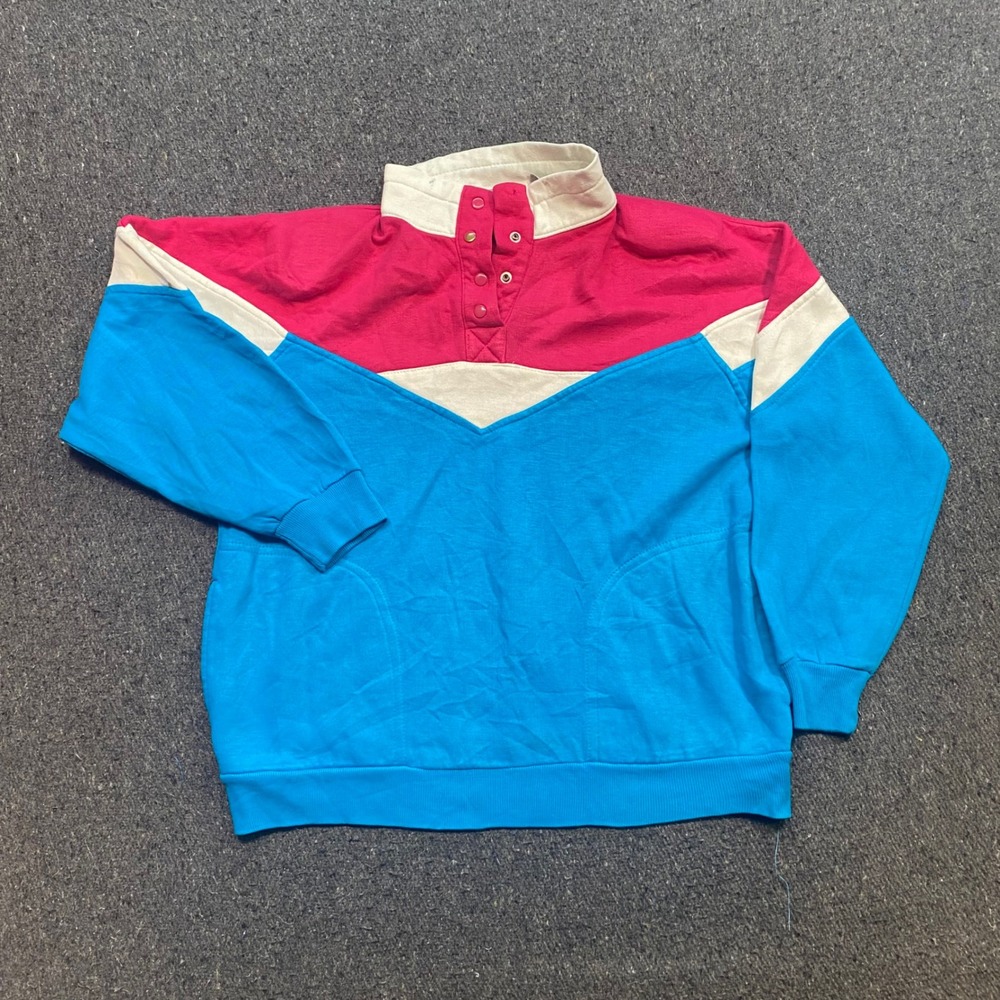 Sporting Club Pullover Sz M Womens Blue Pink Retro 80s 90s Colorblock Snap Neck